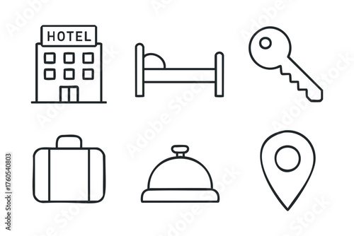 Hotel stay essentials for a relaxing travel experience. Set of 6 vector illustration