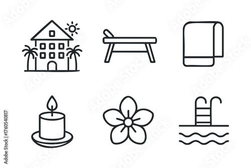Tropical poolside relaxation with spa essentials. Set of 6 vector illustration