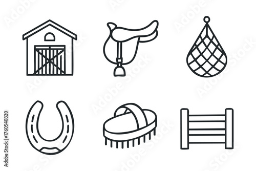 Equestrian accessories for horse care and stable maintenance. Set of 6 vector illustration