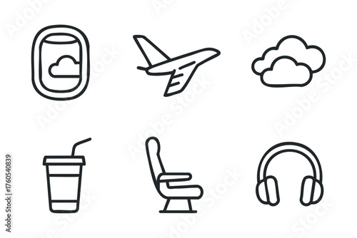 Travel essentials for a comfortable flight experience. Set of 6 vector illustration