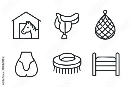 Horse care essentials for equestrian activities and stable management. Set of 6 vector illustration