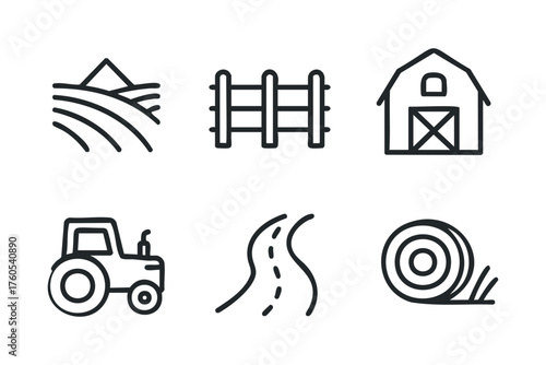 Simple agricultural icons representing farming and rural life. Set of 6 vector illustration