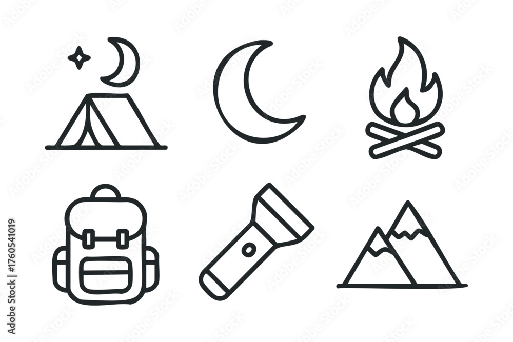 Fototapeta premium Camping adventure essentials for outdoor enthusiasts and nature lovers. Set of 6 vector illustration