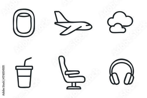 Travel essentials window, seat, drink, clouds, headphones. Set of 6 vector illustration