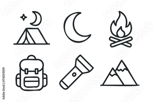 Camping adventure essentials for outdoor enthusiasts and nature lovers. Set of 6 vector illustration