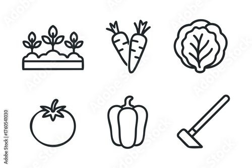 Fresh vegetables growing in a garden bed for healthy eating. Set of 6 vector illustration