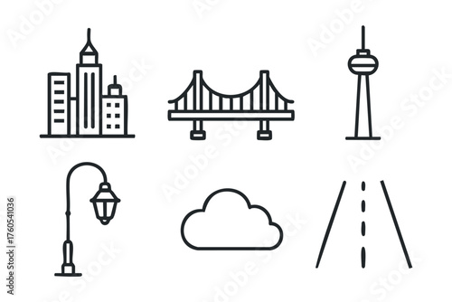 Urban features like buildings, bridges, and streetlights. Set of 6 vector illustration