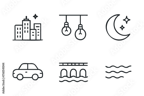 City skyline at night with lights and moon. Set of 6 vector illustration