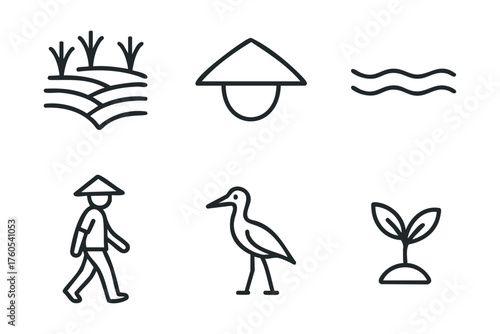 Farming landscape with rice fields and traditional hats. Set of 6 vector illustration