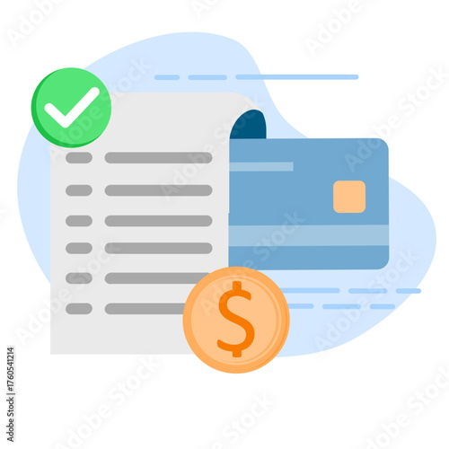 Receipt, Invoice, and Bill Icons. Bill payments with ATM cards and financial security for online shopping, online payments using cards with payment protection concepts. Vector illustration.