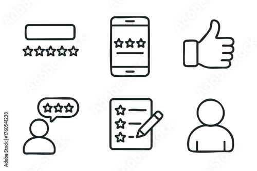Customer feedback and reviews icons for digital platforms. Set of 6 vector illustration