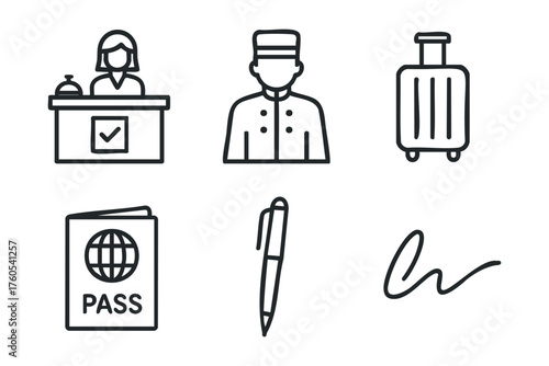 Hotel check in process with staff and travel essentials. Set of 6 vector illustration