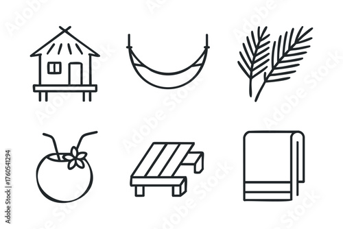 Tropical relaxation scene with hammock, coconut drink, and palm leaves. Set of 6 vector illustration