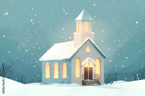 Wallpaper Mural Small church glowing in snow night, peaceful winter holiday illustration. Torontodigital.ca