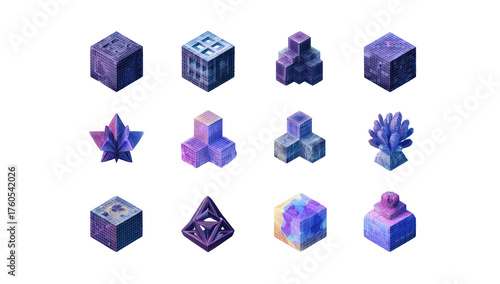 Pixel art collection of various abstract, geometric shapes in shades of purple and blue