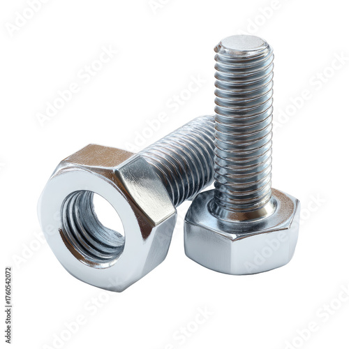 Two metallic nuts and bolts, close-up