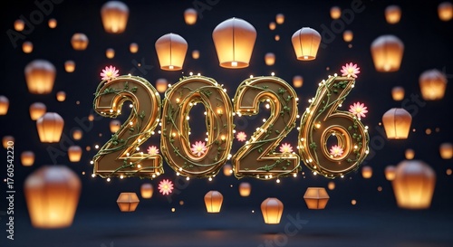 Golden 2026 New Year celebration with glowing lights and floating sky lanterns.