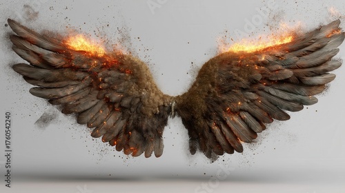 Burning angel wings exploding into embers and ash fantasy concept of fallen angel or phoenix