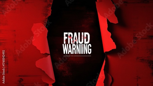 Fraud warning alert message revealed behind torn red grunge wall cybersecurity concept