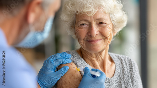 Senior woman receiving a vaccine injection from a healthcare professional