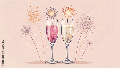 Elegant champagne toast with fireworks, a festive illustration for celebrations, new years eve, and special occasions isolated on white background