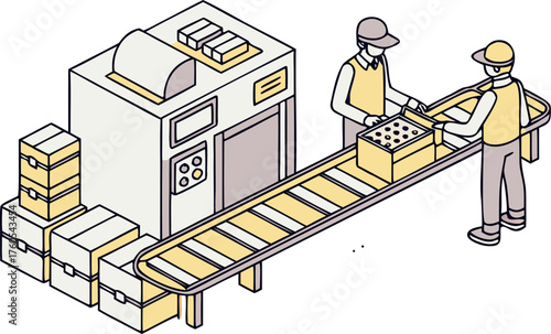 Factory employee operates hazardous machine while safety engineer inspects steel bar manufacturing. Industrial safety, risk control, inspection concept isometric vector.