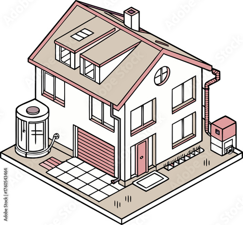 Eco smart house with mini sewage treatment unit. Isometric cartoon promoting green living, clean water, and sustainable environment concept.