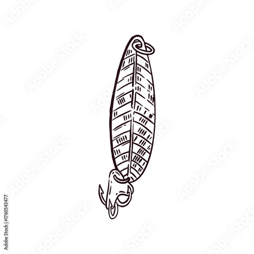 Spoon, hook for fishing. Everything is hand-drawn in ink and translated into vector. Vector illustration is suitable for printing on fishing product packaging, printing in booklets and magazines.