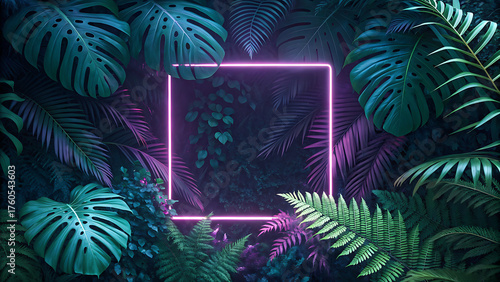 Neon square frame surrounded by lush tropical foliage with monstera leaves and ferns, creating a vibrant and mysterious jungle atmosphere