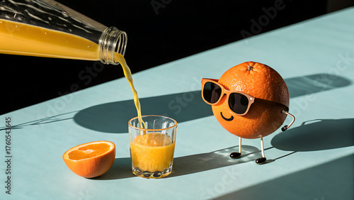 Cool orange character with sunglasses getting a pour of fresh orange juice into a glass on a blue table, with a half orange nearby