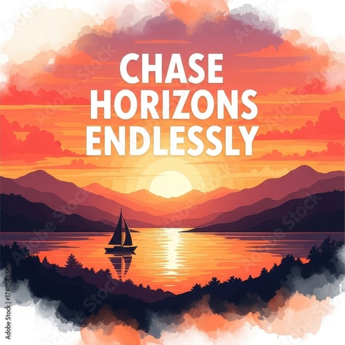 A sailing boat silhouetted at sunset across a calm lake surrounded by mountains