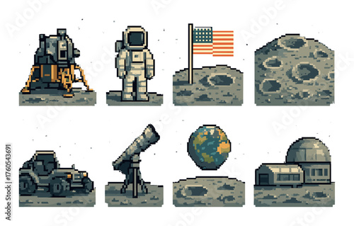 Retro pixel art space exploration icons featuring astronaut, lunar rover, and telescope