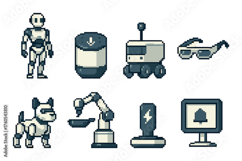 Retro futuristic pixel art: robots and gadgets collection