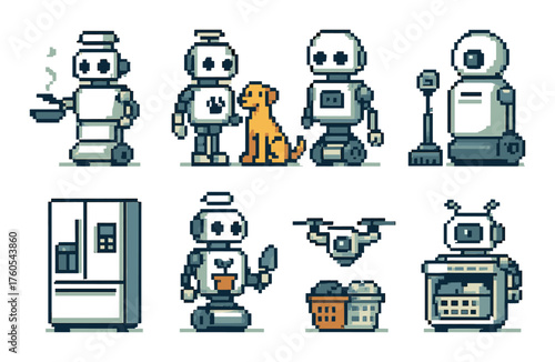 Pixel art robots: everyday tasks and companions in a futuristic household