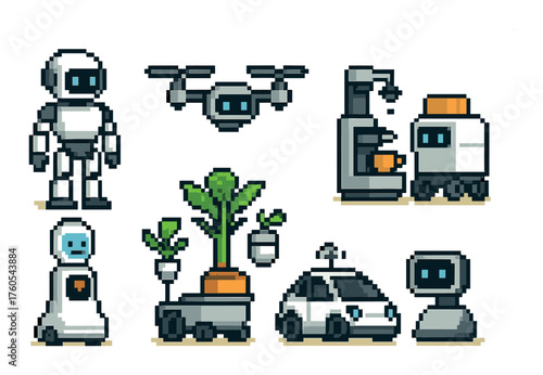 Pixel art robots and gadgets on yellow background