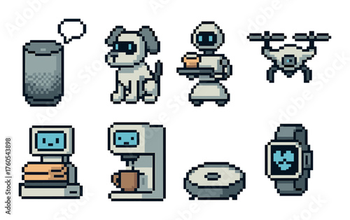 Pixel art technology: smart gadgets robot drone dog watch coffee machine