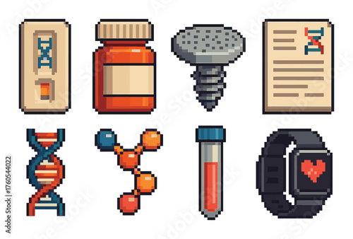 Pixel art medical icons featuring dna, medicine, and smartwatch