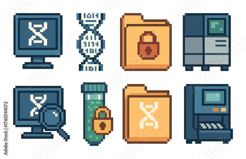 Retro pixel art biotech icons featuring dna, laboratory equipment, and security elements