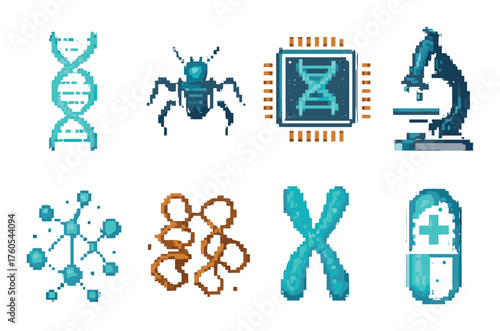 Digital biotechnology icons: dna, microscopy, molecule, chromosome, pill, insect
