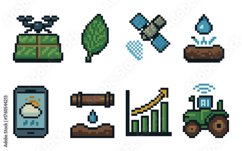 Pixel art icons of agricultural technology: drones, satellites, irrigation, ai farming