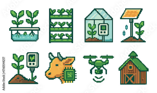 Pixel art icons of sustainable farming: hydroponics, greenhouses, drones, solar panels, vertical gardens