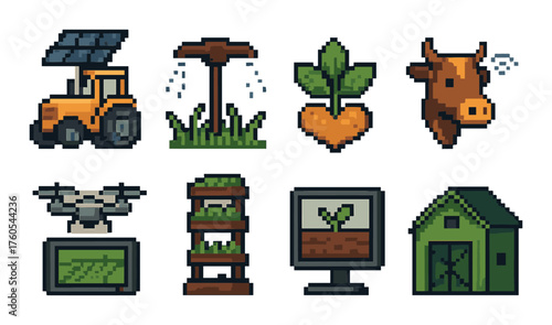 Pixel art of agricultural technology icons featuring tractor and cow