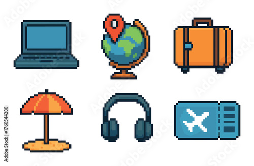 Pixel art travel icons featuring globe, laptop, suitcase, headphones, umbrella, ticket