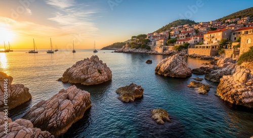 Fototapeta Naklejka Na Ścianę i Meble -  Coastal Town and Rocks at Sunset with Boats on the Sea