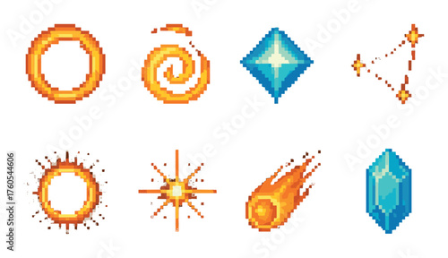 Set of eight colorful animated pixel art spell effects with glow