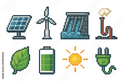 Pixel art icons of renewable energy sources and conservation symbols