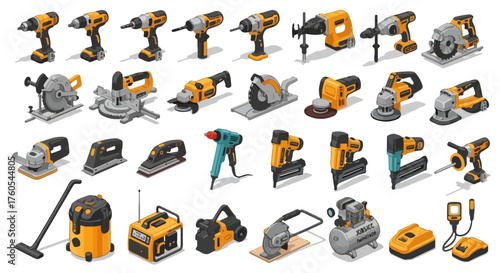 Isometric Power Tools Icon Pack - Cordless Drills, Circular Saws, Nailers, Grinders & Shop Equipment Vector