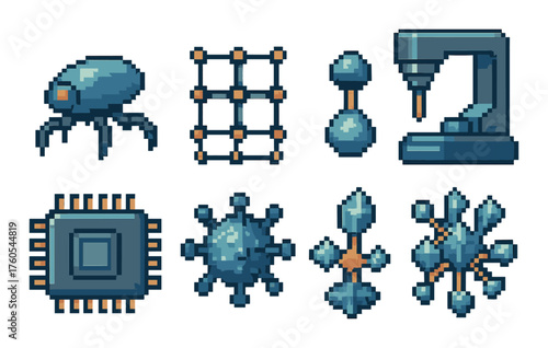 Retro pixel art icons: technology and science themed with robot, atom, microscope