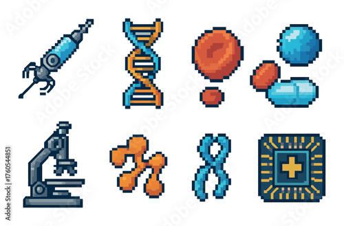 Pixel art scientific icons including microscope, dna, cells, molecules, microchip, and syringe