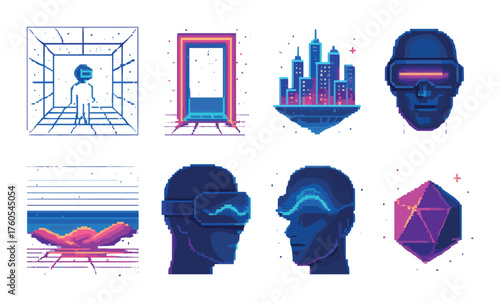 Retro futuristic pixel art with neon cityscape and virtual reality concepts